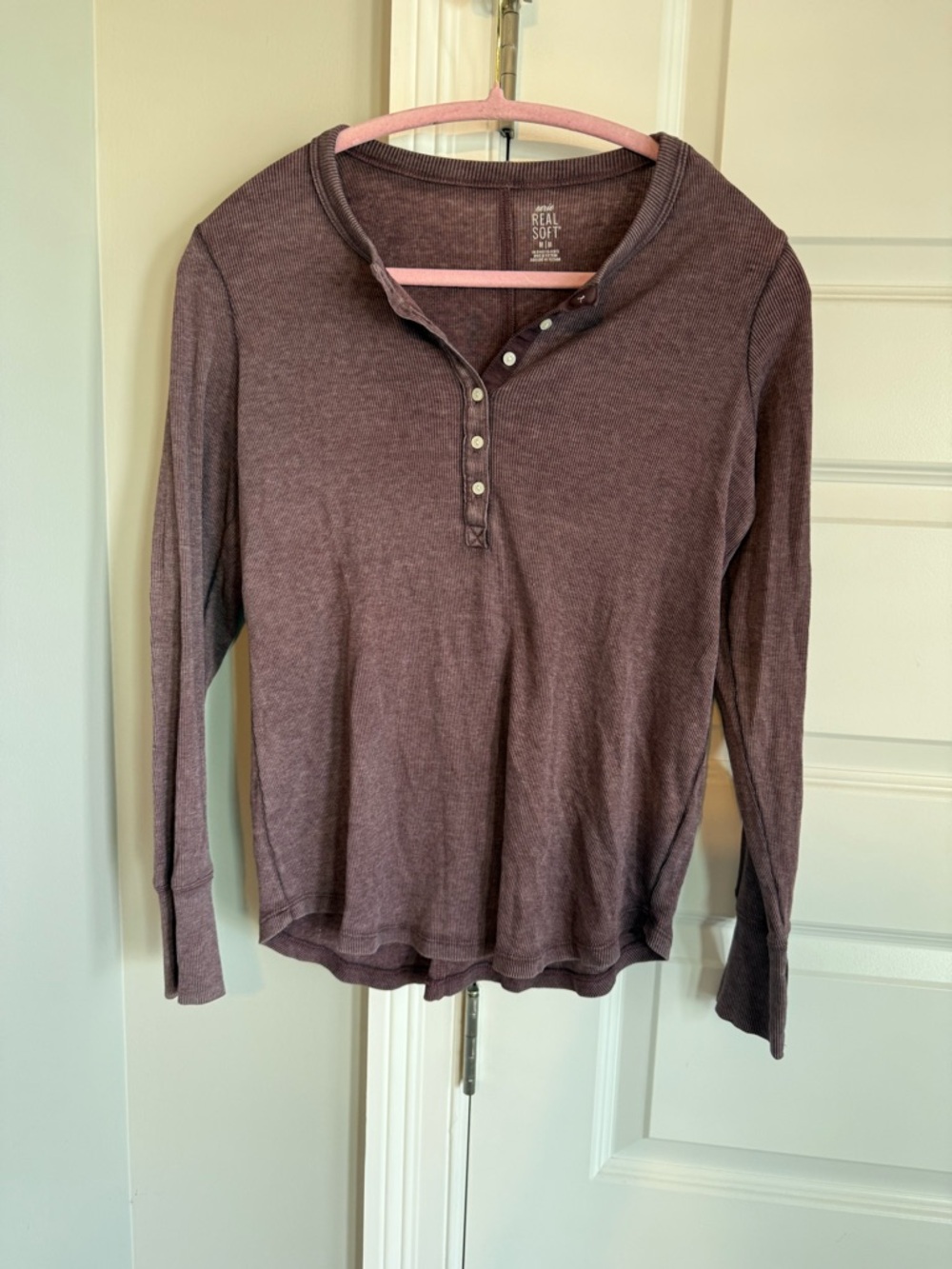 aerie Ribbed Snap-Front Henley Top - Dark Burgundy